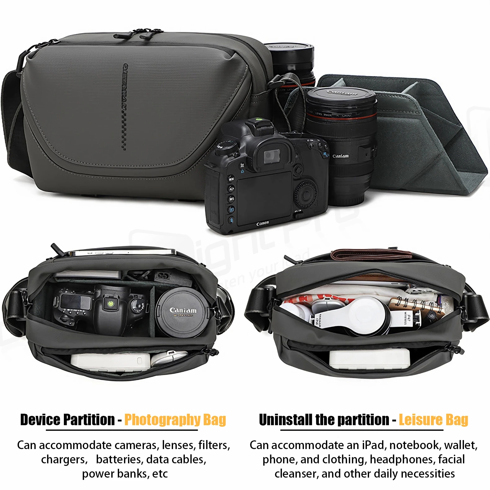 Lightweight Camera Sling Bag Grey Convertible Crossbody Messenger Bag for Photographers, Waterproof Shoulder Case for Canon Fuji
