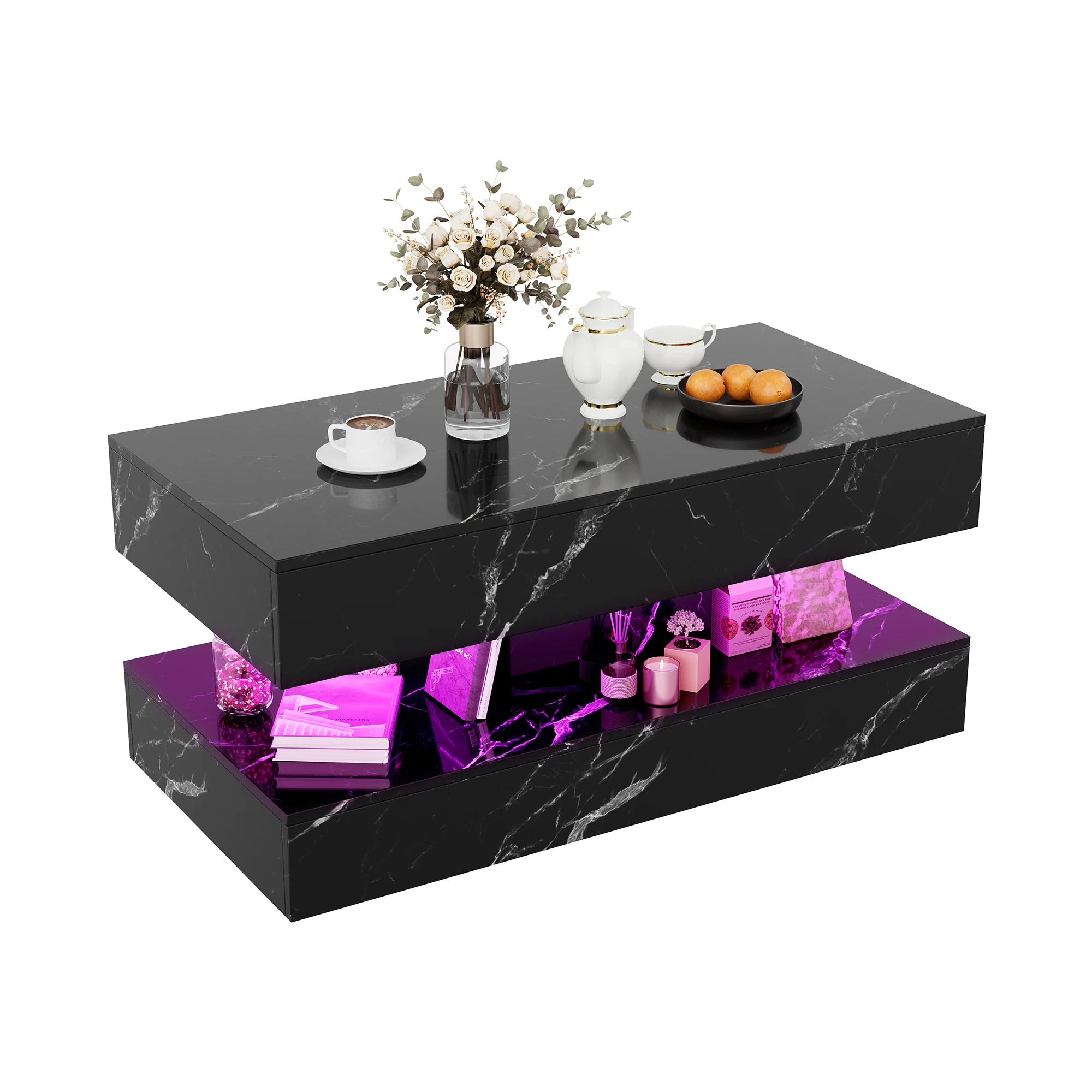 Anajqaqia 100x50x45cm Moderner Couchtisch mit Marmor-Effekt, zweistufiger Hochglanz-Sofatisch mit 2 Schiebeschubladen und offener Stauraum, Mehrzweck-Wohnzimmer-Teetisch