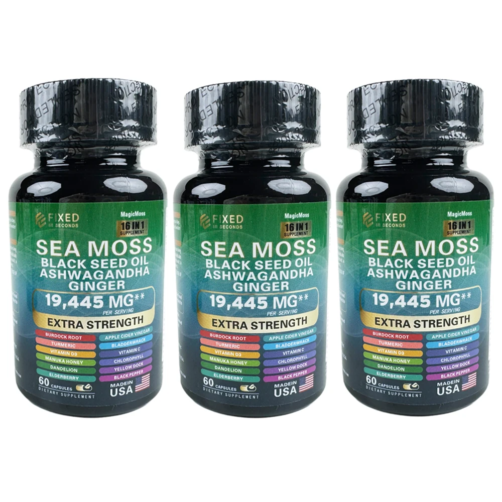 FIXED IN SECONDS Sea Moss Black Seed Oil Ashwagandha Ginger 16 in 1 19445MG -Made in USA -180 capsules