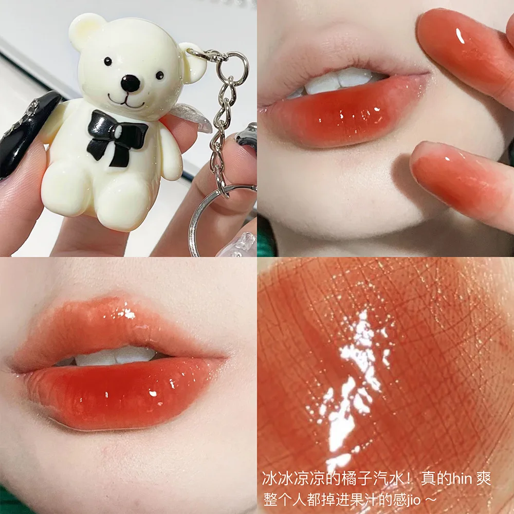 Water Light Stain Lip Gloss Mirror Glass Lipstick Cute Bear Keychain Lip Glazes Long-lasting Waterproof Matte Lip Tint Cosmetics