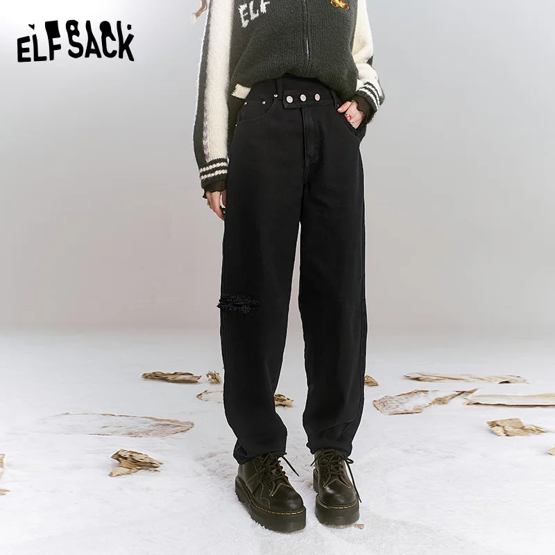 

ELFSACK 2024 Winter New Arrivals Black high waisted pure cotton fleece warm jeans for women, with irregular button design