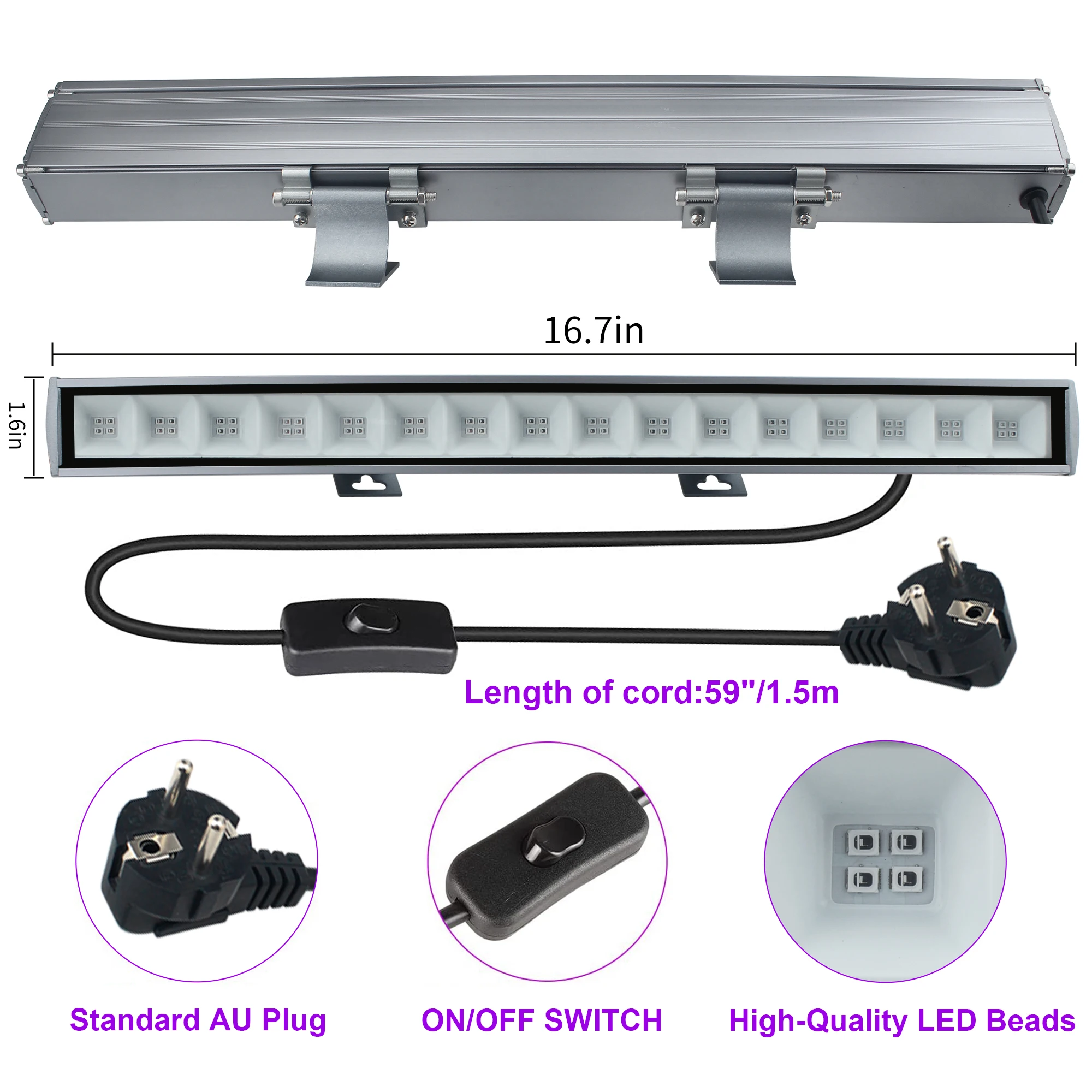 30W Led-Verlichting Uv Zwart Licht, 64 Led-Verlichting UV-Strip Aan/Uit, 1.5M Stroomsnoer Verlichting Podium Bar Disco Dj Kerstfeest