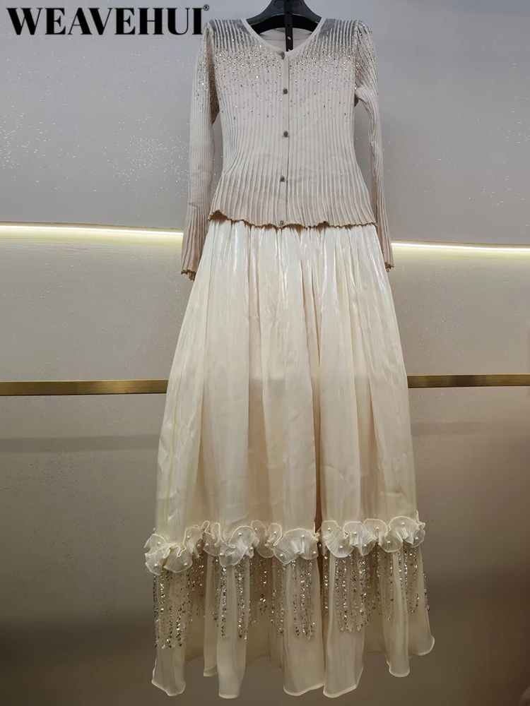 WEAVEHUI Women V-Neck Flare Sleeves Elastic Waist Hotfix Rhinestone Tassel Spring Autumnal New model High Street 2-Piece