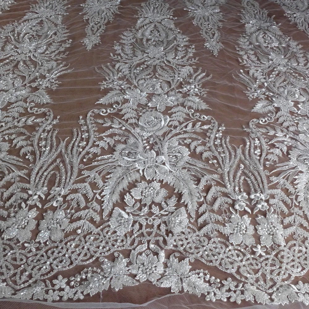 HelluyerDC Off-White heavy beading lace fabric,super large patterns lace for fashion,wedding,evening,dance gown by the yard