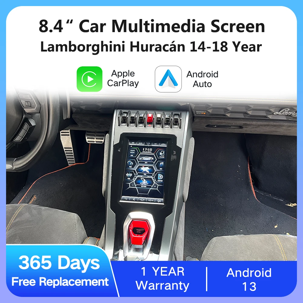 Pantalla multimedia Android de 8,4" para Lamborghini Huracán con CarPlay inalámbrico y Android Auto.