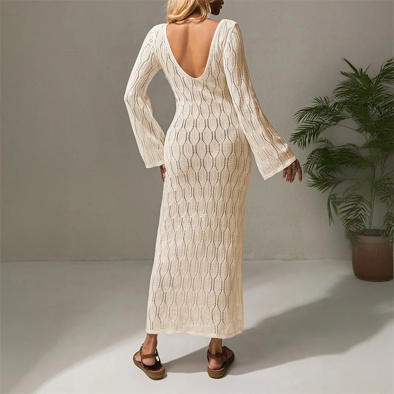 ผู้หญิงแขนยาวBackless Beachชุดถักดูผ่านโครเชต์บิกินี่Cover-Upเซ็กซี่ฤดูร้อนชุดว่ายน้ําหญิงSarong