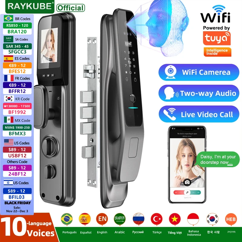 New RAYKUBE X50 Tuya WiFi 3D Face Recognition Digital Fingerprint Door Lock With WiFi Camera Remote APP Video Call 10-language