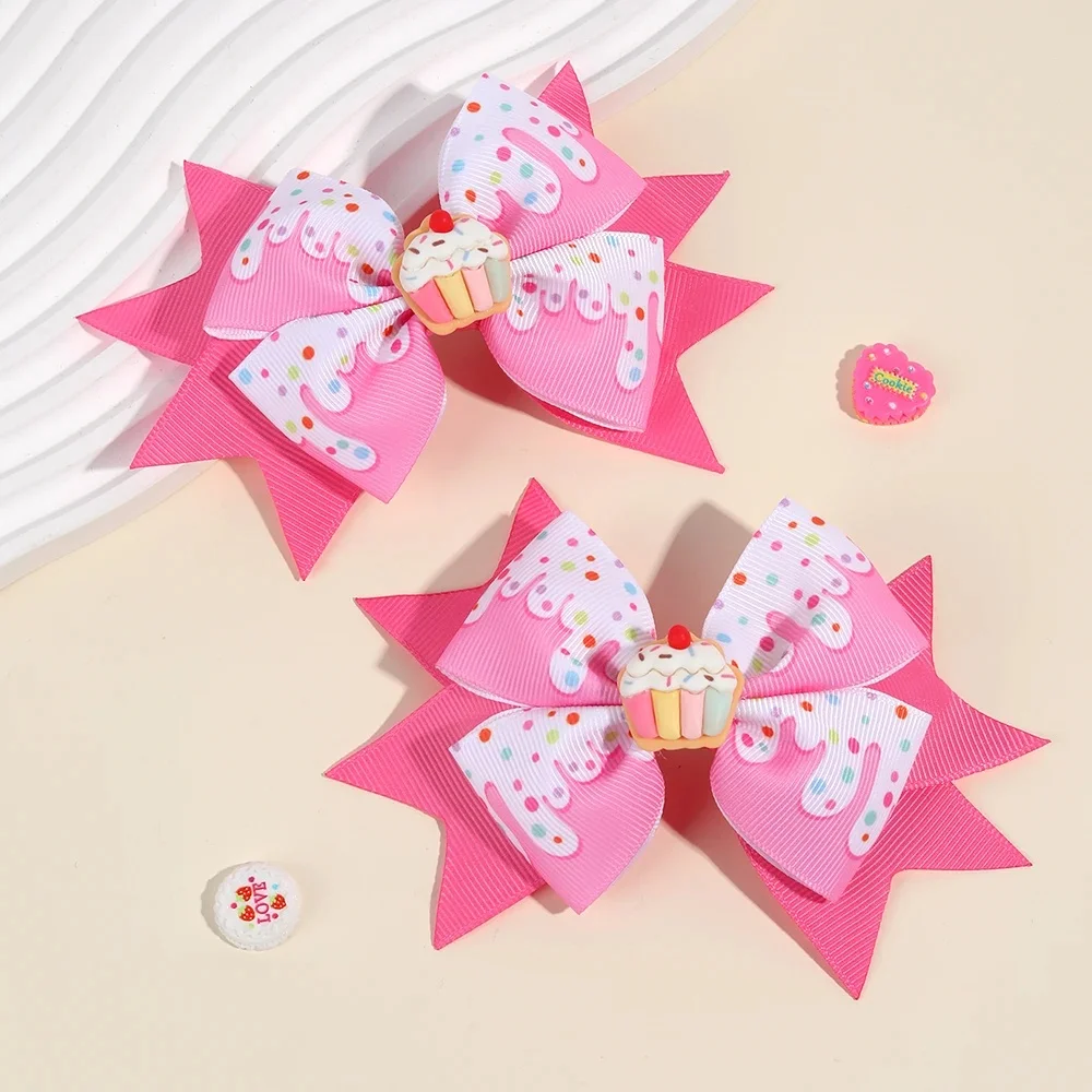 Pinces à cheveux avec nœud crème, 2 pièces, ruban rose, Base en alliage, épingle à cheveux, doux Kawaii, couvre-chef de Dessert, accessoires pour cheveux pour filles et enfants