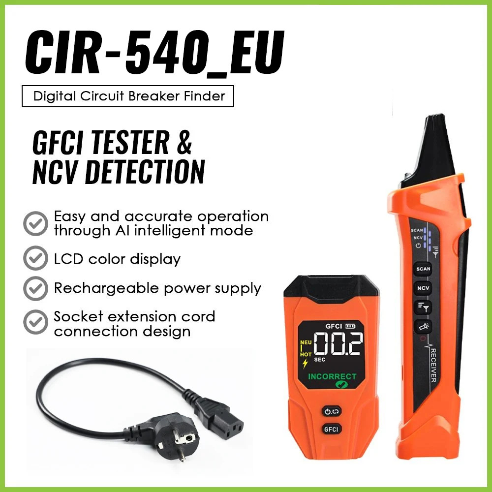 220V Rechargeable Digital Circuit Breaker Finder, Socket Tester with VA Color LCD, GFCI Trip Timer & NCV, Electrician Tracker