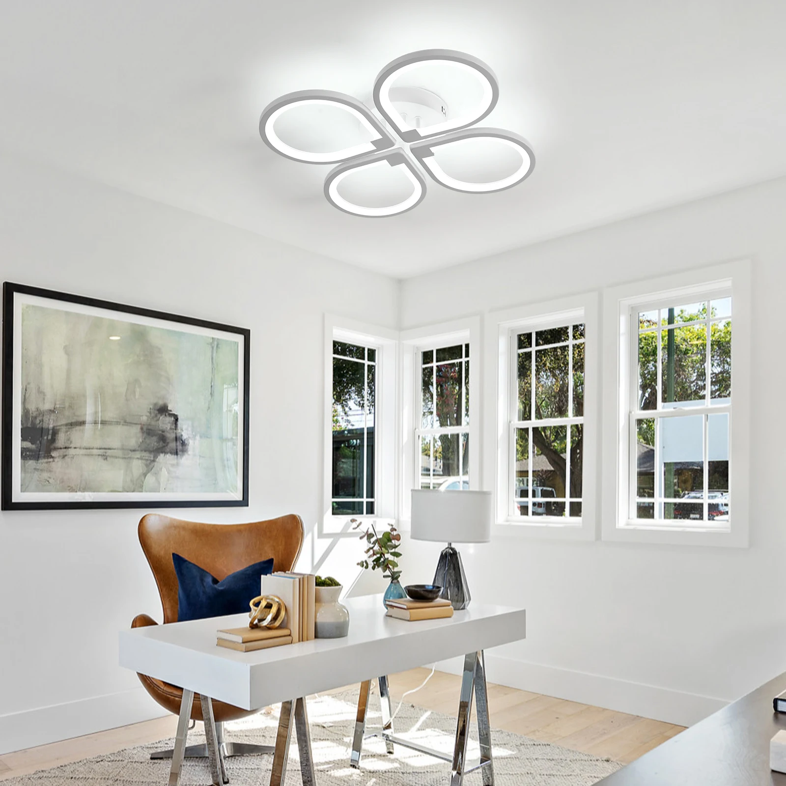 Moderne LED-Deckenleuchte, kreative Deckenleuchte mit Ringdesign, 6500 K Kaltweiß, halbbündige Deckenbeleuchtung Weiß – Detail 4