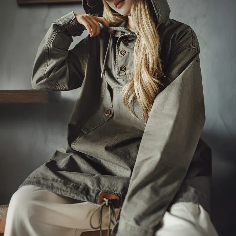 

Maden Женское хлопковое пальто-худи миди с капюшоном, повседневная куртка M-43, японский стиль, тренч с длинным рукавом, полупуговицы, свободный крой, осенняя и зимняя верхняя одежда