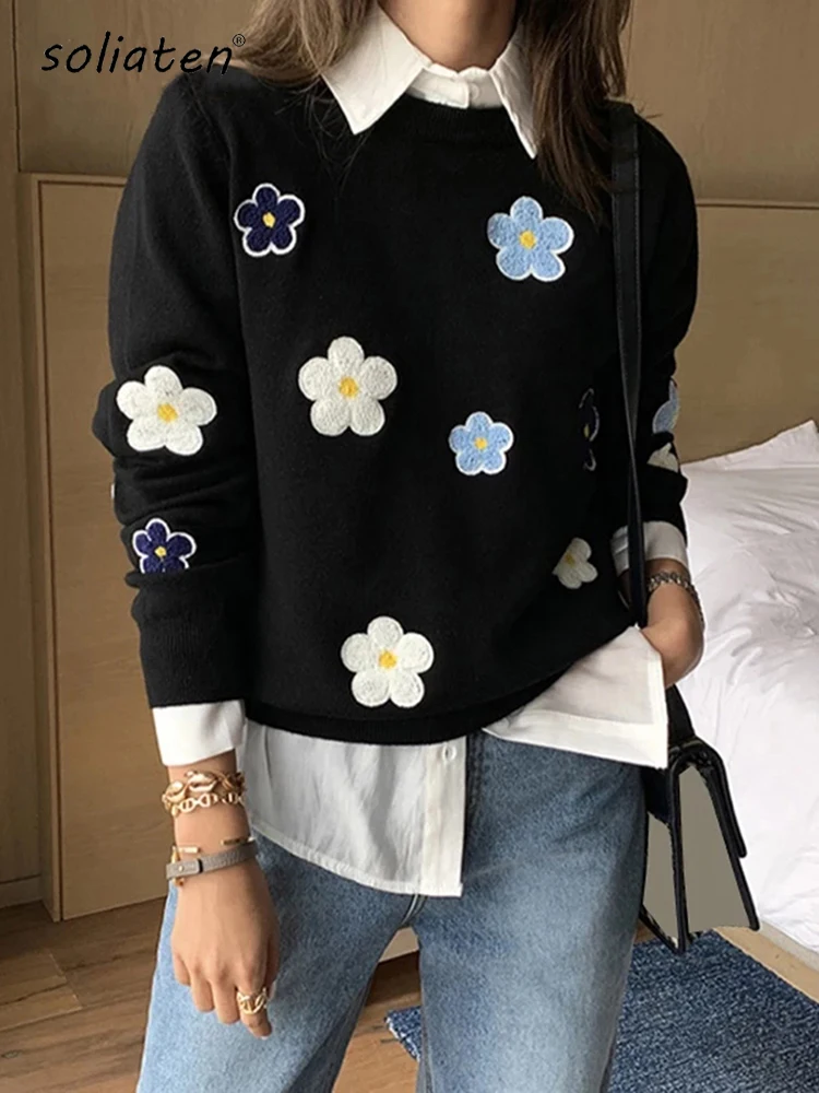 Korean Floral Embroidery Pullover Sweater High Quality Women Elegant O Neck Knitted Tops C-089