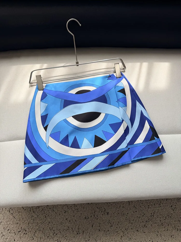 2026 New Summer Women’s Runway High Quality Silk Blue Print Mini Skirts