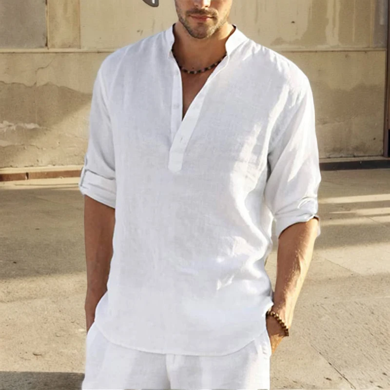 2024 Casual Blouse Loose Cotton Linen Men Shirt Fashion Stand Collar Pure Long Sleeve Tee Shirt Handsome Fitting Top Clothes