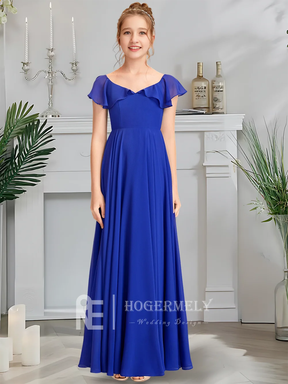 Luxuriöses Kleid für junge Brautjungfern mit V-Ausschnitt, Twilight Blue, Blumenmädchenkleid, bodenlang, Chiffon, kaskadierende Rüschen, Hochzeitsfeier