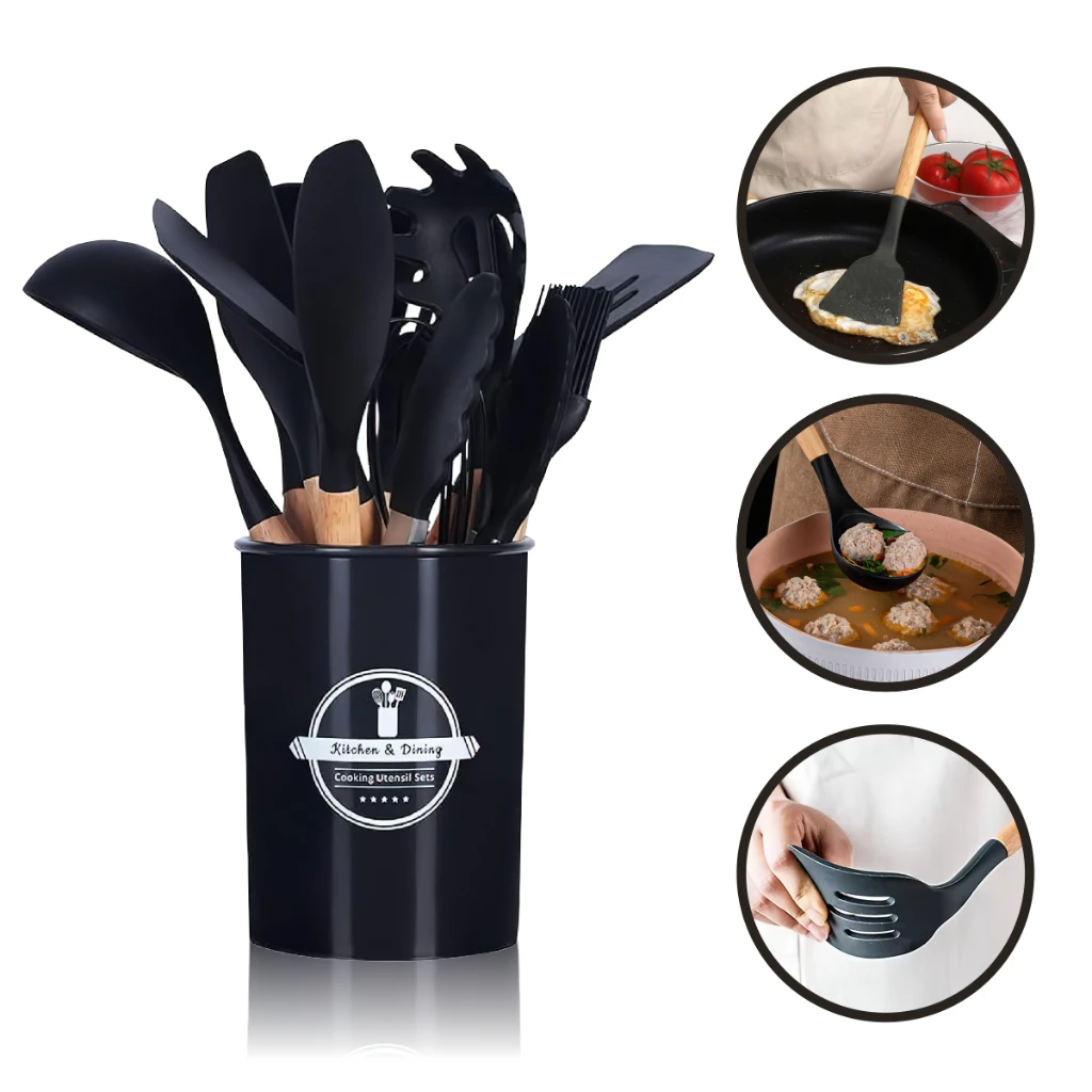 Kitchen Set Kit C/12 Pieces Non-stick Silicone Kitchen Utensils and Wood Cable