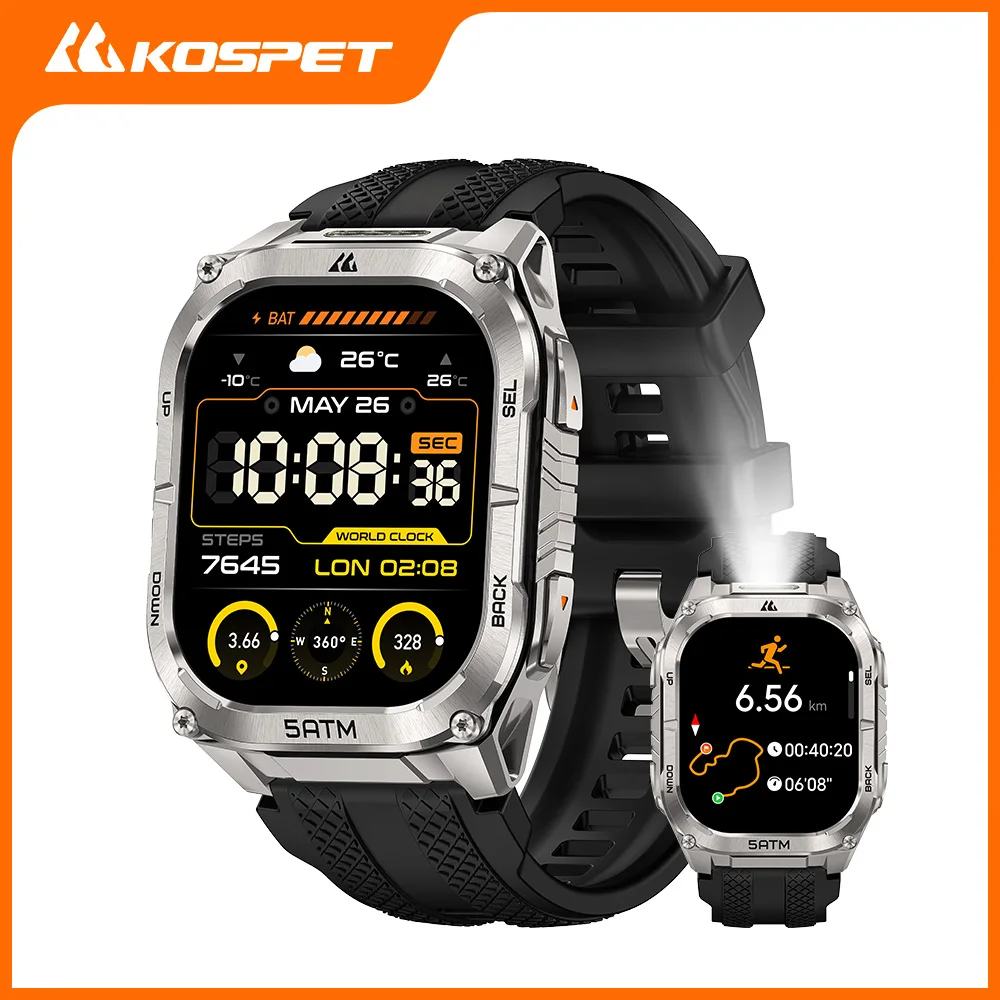 KOSPET TANK M4C 2026: Smartwatch GPS Outdoor per Uomo, Corpo Robusto Militare con Torcia LED, Resistente all'Acqua 50M, Activity Tracker