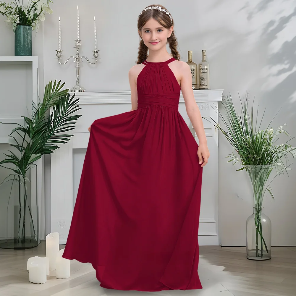 

A Kids Halter Junior Bridesmaid Dress Flower Girl Dress Floor Length Chiffon Sacred Communion Gown Girls Wedding Party Formal
