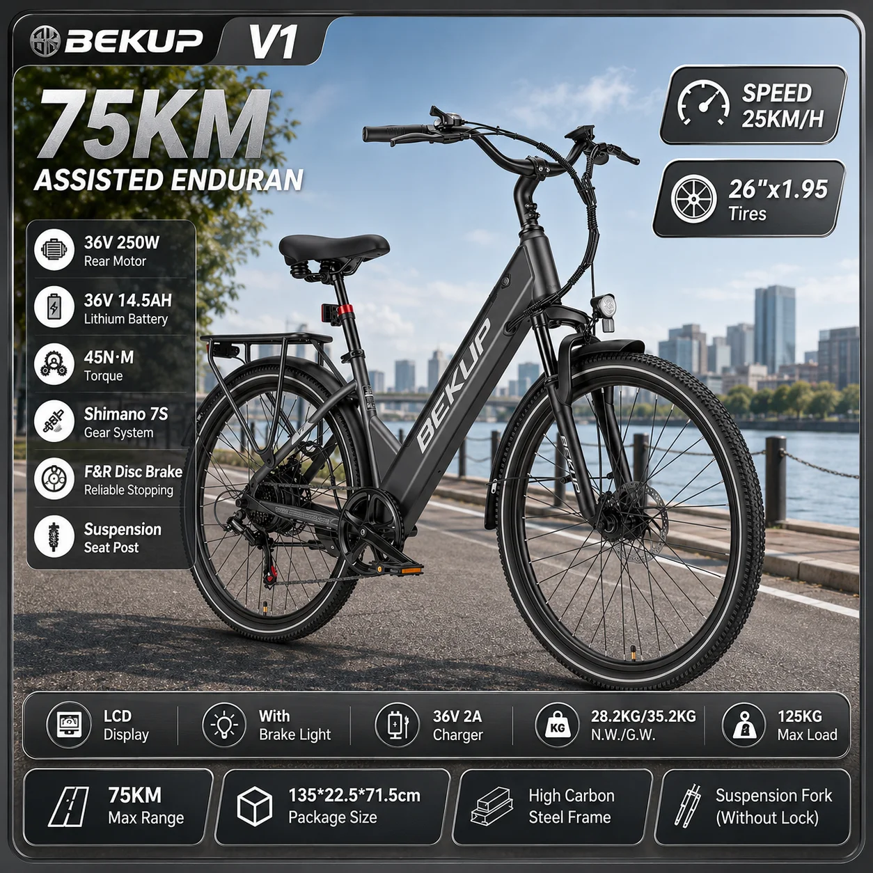 Bekup V1 26Zoll Elektrofahrrad für Erwachsene, Männer und Frauen, 36V 14,5Ah Akku, 250W Heckmotor, 45Nm Drehmoment, 25km/h, bis zu 75km Reichweite, 7-Gang-Schaltung, Doppelscheibenbremsen,
