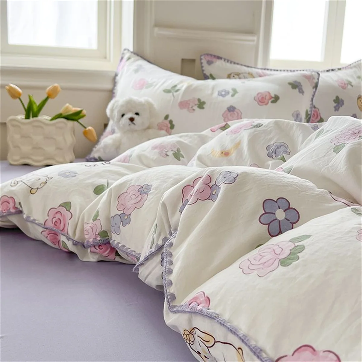 Purple Ins Cherry Double-layer Shell Washed Bed Sheet Girl Four-piece Set High-looking Quilt Cover Bedding Set Three-piece Set