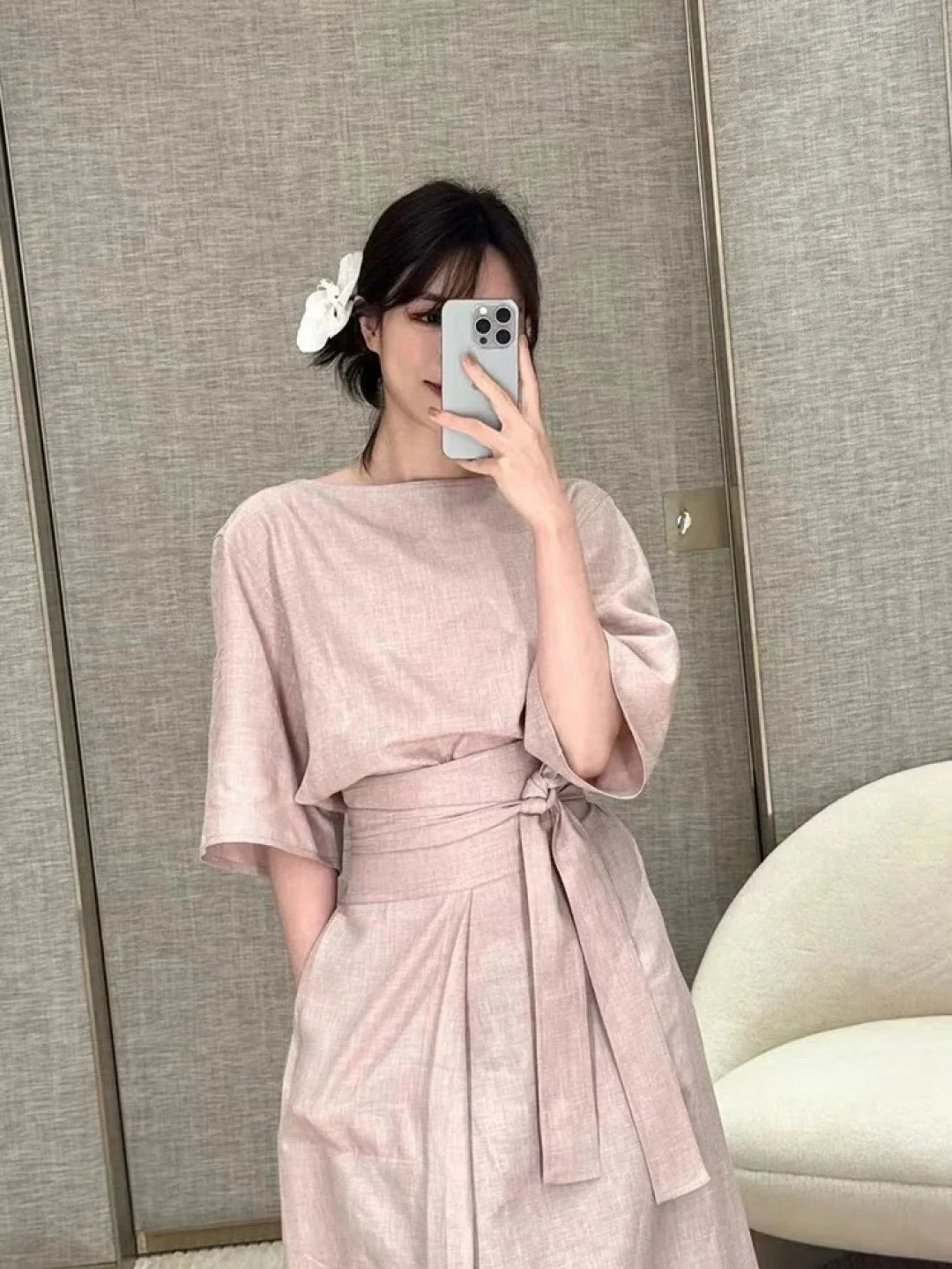 Spring summer solid color luxurious elegant linen skirt suit