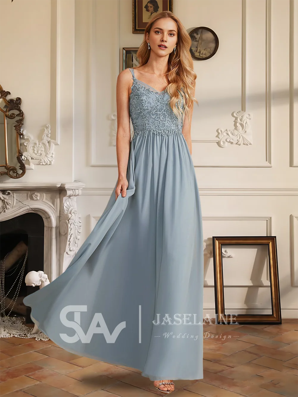 Luxury Royal Blue A-Line V-Neck Floor-Length Lace Ruffle Chiffon Bridesmaid Dresses Wedding Guest Evening Cocktail Gown 2025