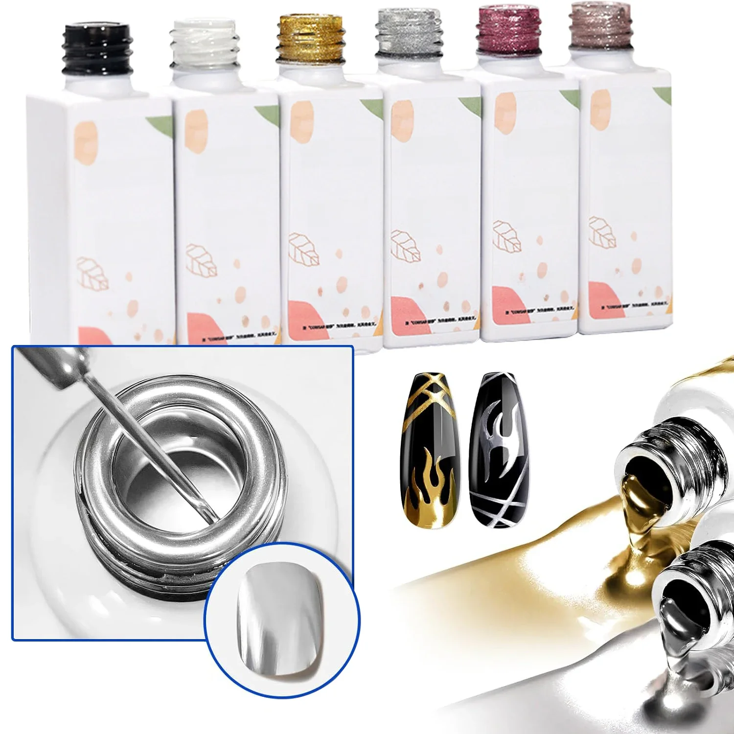 Gel métallique miroir 3D effet chrome, gel de dessin peint en métal, pinceau fin, gel de décapage UV/LED Soak Off pour salon de manucure, 10ml