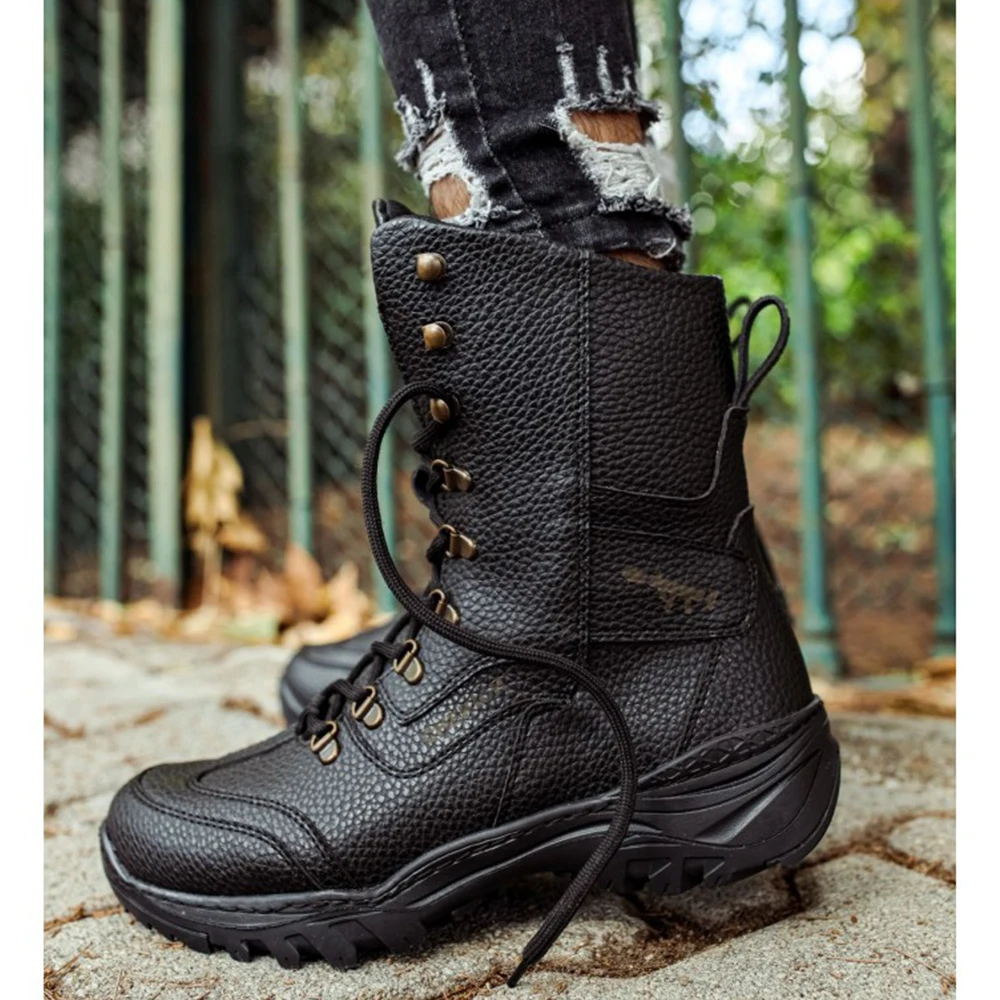 FOH Store 2023 Boots for Men BLACK Artificial Leather Lace-Up Winter Fashion Warm Snow Plus Size Ankle Footwear High Quality Military Shoes Tactical