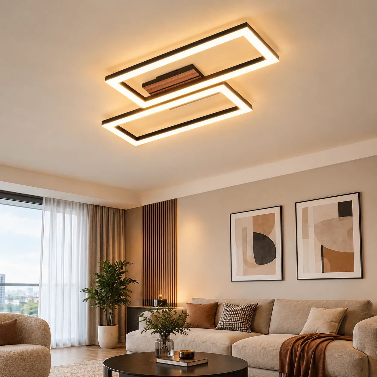 LED Deckenleuchte Schlafzimmer Deckenlampe - 49CM Schwarz Schlafzimmerlampe 3000K Warmweiß Modern Rechteckiges Design Flurlampe in Holzoptik Küchenlampe für Wohnzimmer Küche Arbeitszimmer