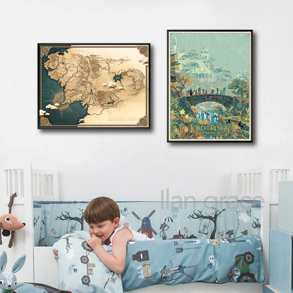 تولكين خريطة الأرض الوسطى الملصقات الظلام الخيال الفن يطبع خريطة البرية قماش اللوحة زمالة جدار صور الأولاد غرفة ديكور