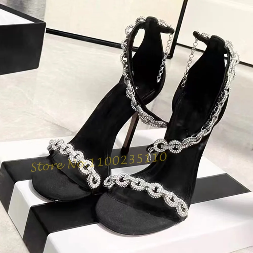 Crystal Ankle Wrap Heels Sandals Female Full Drill Chain Bling Stiletto High Heels Evening Shoes Women Luxury Summer Trend Shoes