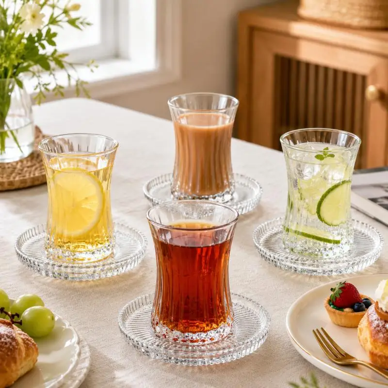 Vintage Geripptes Glas Tasse und Untertasse Set 190ml Bleifreier Trinkbecher für Tee Kaffee Zuhause Party Geschenk