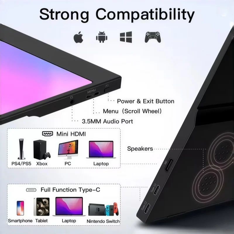 1920*1080 15.6-inch Portable Monitor 60HZ For Laptop/ XBox/ PS5/ Switch/ TV Box/ Cell Phone PC Extension Mobile