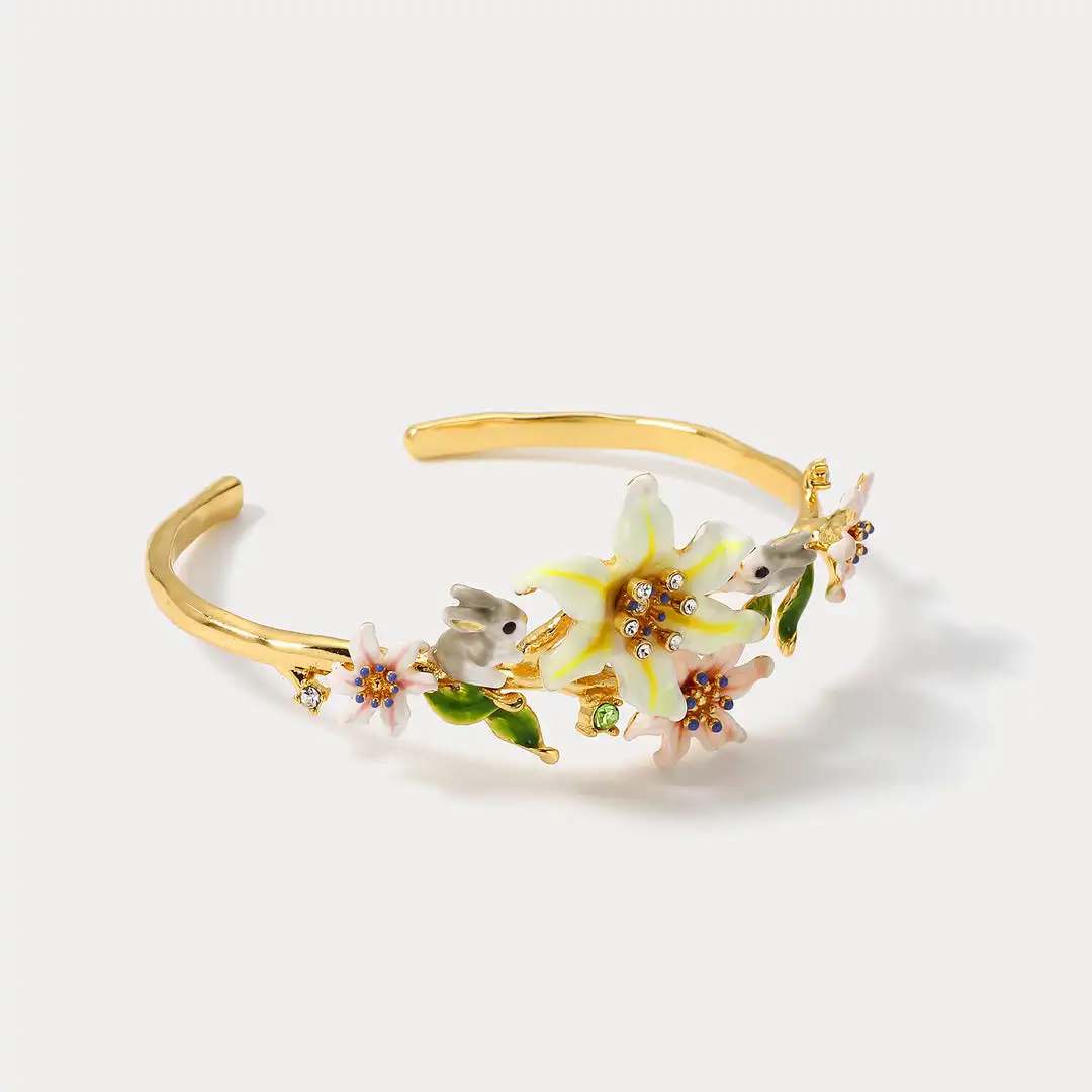 

ArLea Cute Bunny Lily Flower Bangle for Women Handmade Enamel Bangle Delicate Original Forest Bracelet Anniversary Birthday Gift