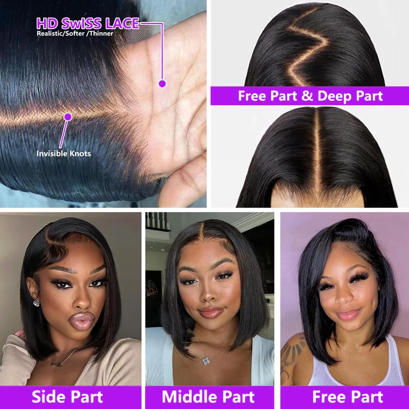 Bob Wig Human Hair 13x4  Pre Plucked With Baby Hair Straight Bob Wigs For Black Women 200% Density #1B Natural Black Bob Wig