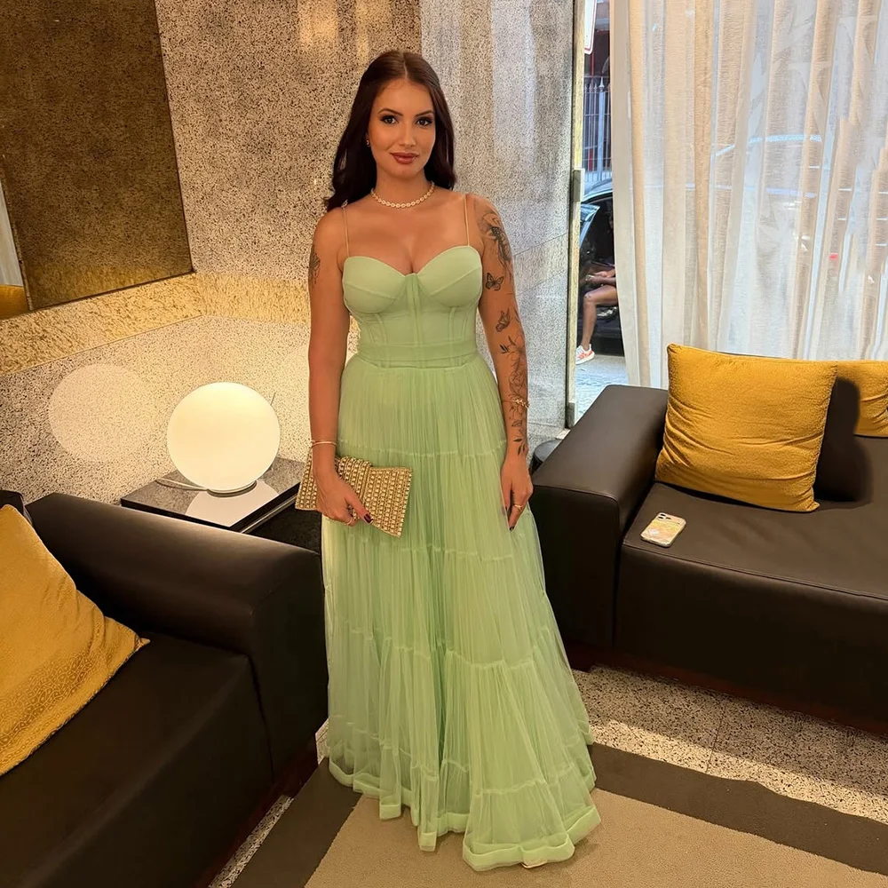 

Msikoods Green Tulle Evening Dresses Spaghetti Strap Corset Weedding Party Dress 2026 A Line Long Prom Dress Formal Event Gown