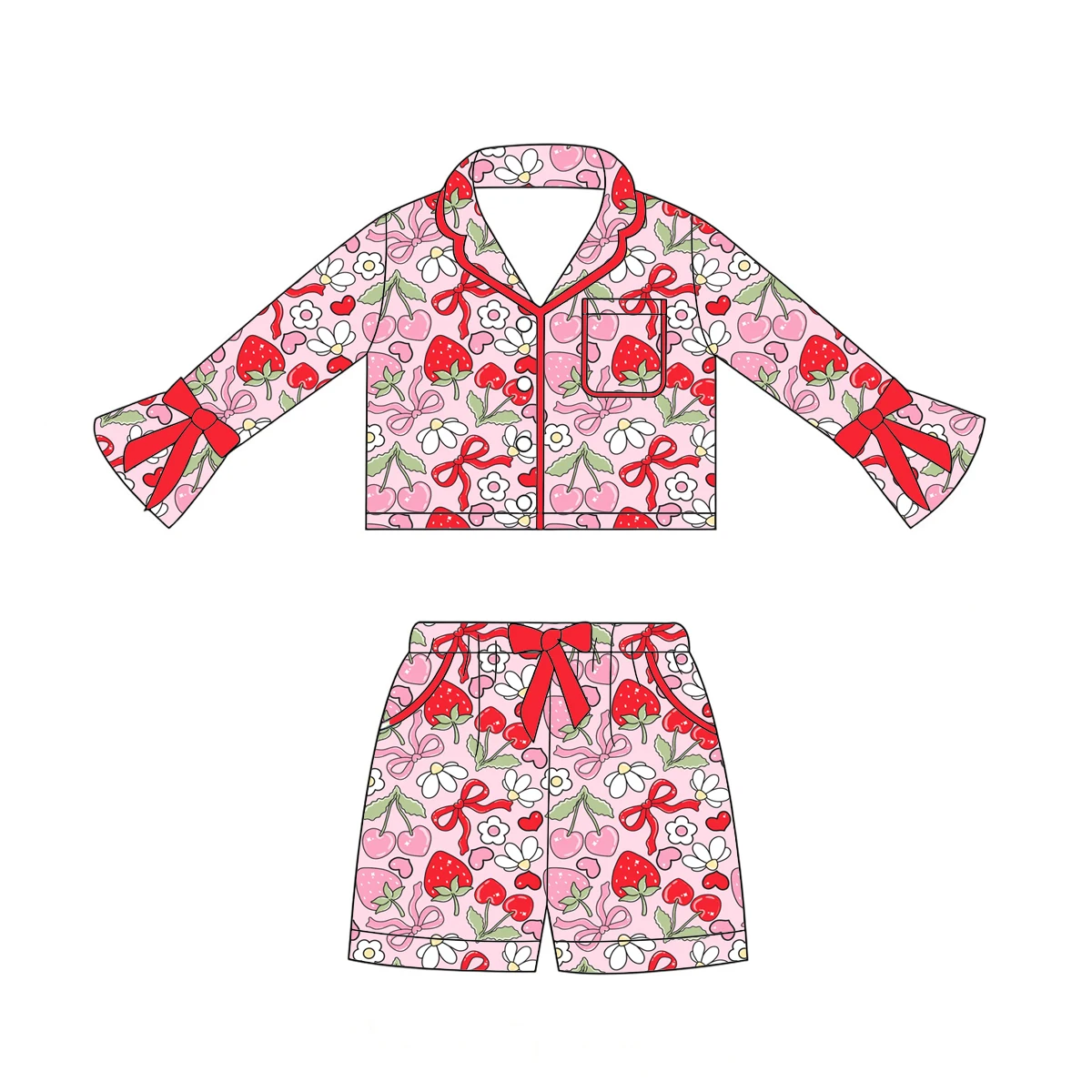 New strawberry bow print Boutique children's set long-sleeved bow shorts girls' set pajama set girls' series clothing