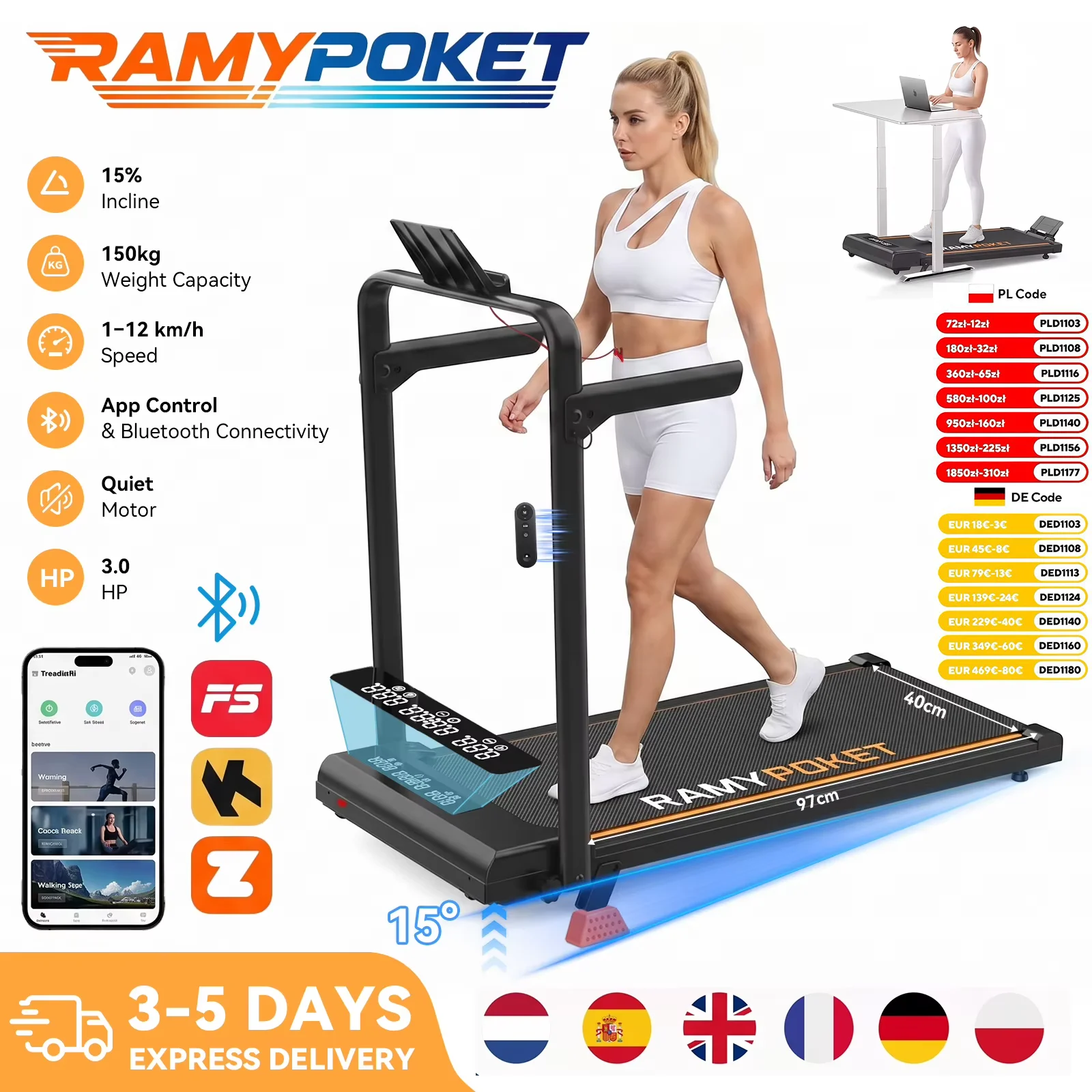 RAMYPOKET Foldable Treadmill with Handrails, 15% Incline, 1-12 km/h Speed, Quiet Motor, Smart APP, Triple Window Display, 150 kg Capacity, for Home Office