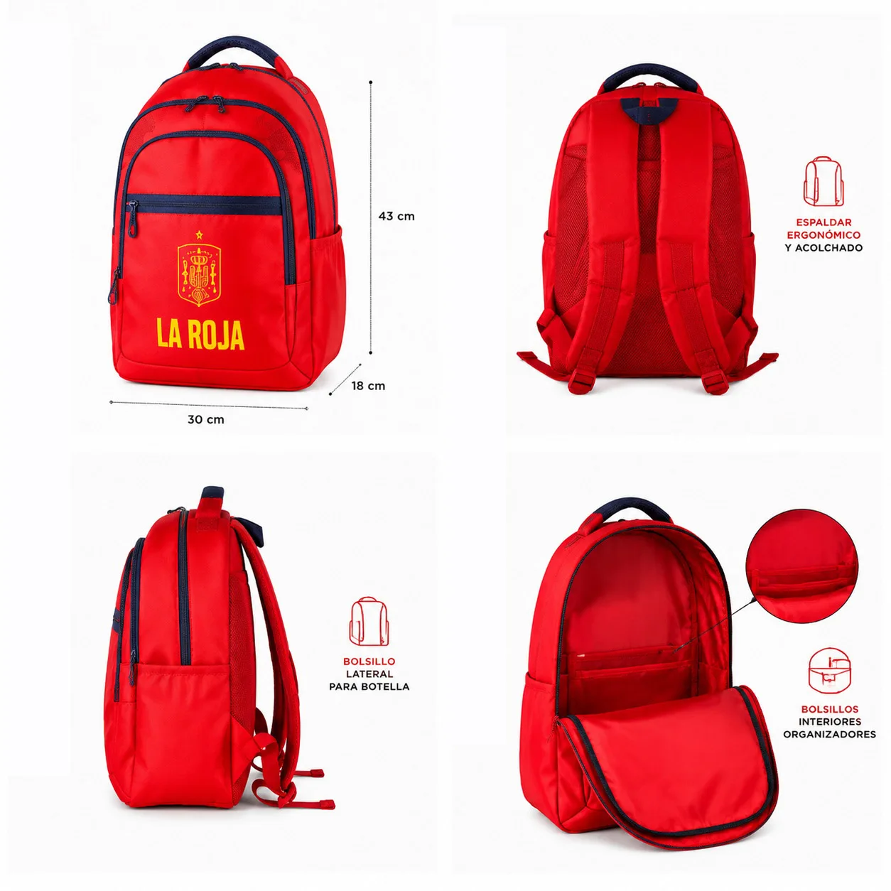 La Roja School Backpack Spanish National Football Team "La Roja", Official Licensed Product National team football backpack 43x30x18cm red and navy blue with compartments - image 6