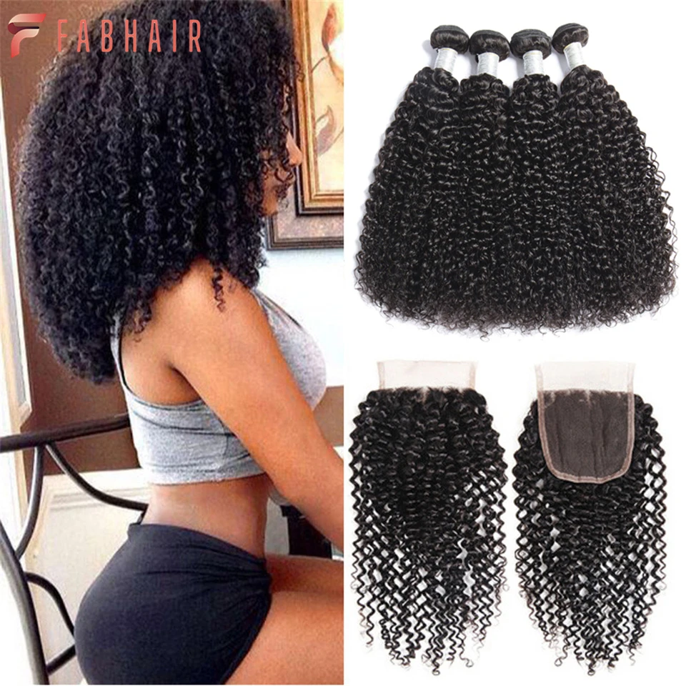 

FABHAIR 3/4 Brazilian Remy Kinky Curly Human Hair Bundles With Closure Transparent 4x4 Lace Closure and Weave Bundle 10A Soft