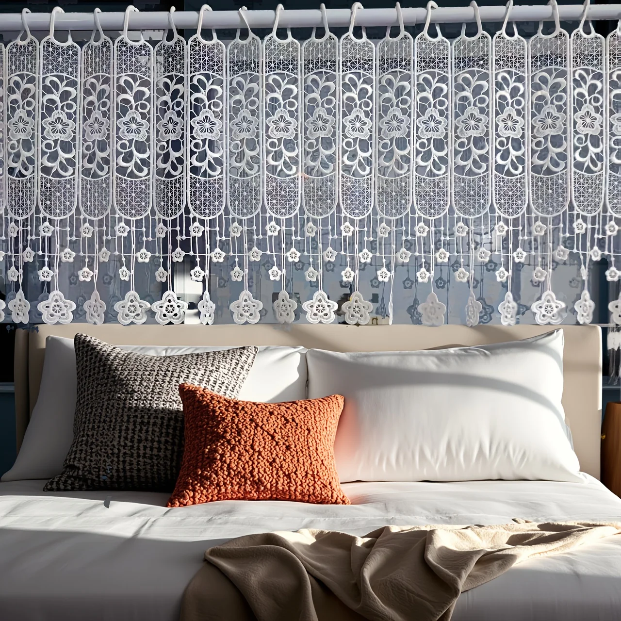 New European-Style White Lace Hollow-Out Short Curtains, Suitable for Bedrooms, Kitchens, Door Cabinets, and Shoe Racks as Dividers. Semi-Hanging Short Curtains Are Ideal for Party and Holiday Decorations Lace Kitchen