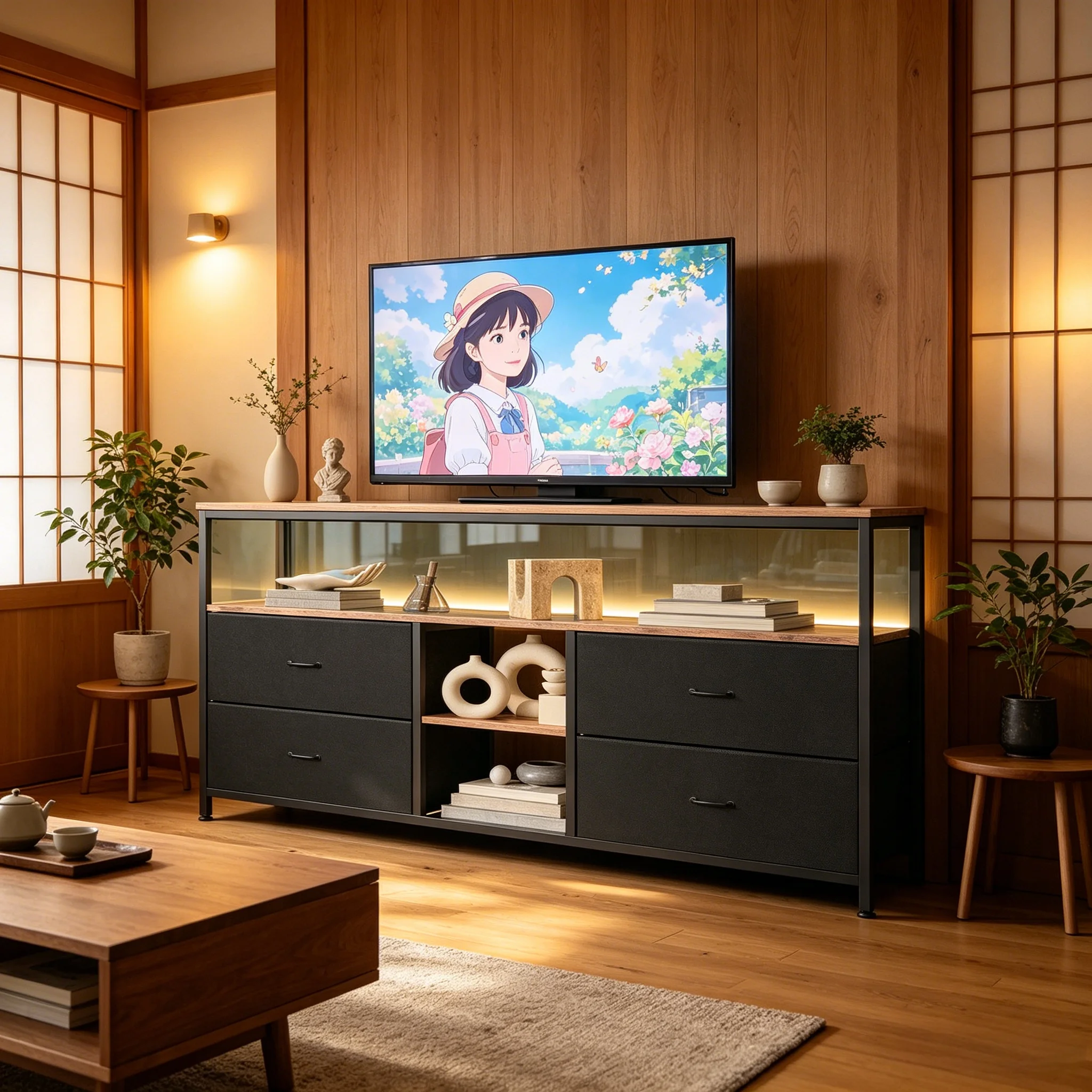 Mueble para TV de 108 cm con luces LED, unidad de cajones de tela con 4 cajones y 2 estantes abiertos, adecuado para salas de estar y dormitorios, compatible con televisores de 55/60/65 pulgadas