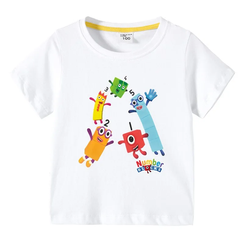 Digital Block Cartoon Printed T-shirt For Children's Summer Short Sleeved Girl Top Baby Boy 100 Cotton O-Neck Tee Shirts Top