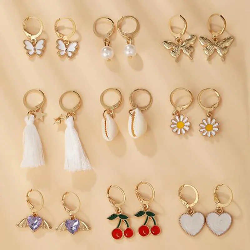 Vintage Butterfly Daisy Dangle Earrings Set For Women Heart Pearl Pendant Tassel Circle Drop Earring Geometric Trendy Jewelry image 2