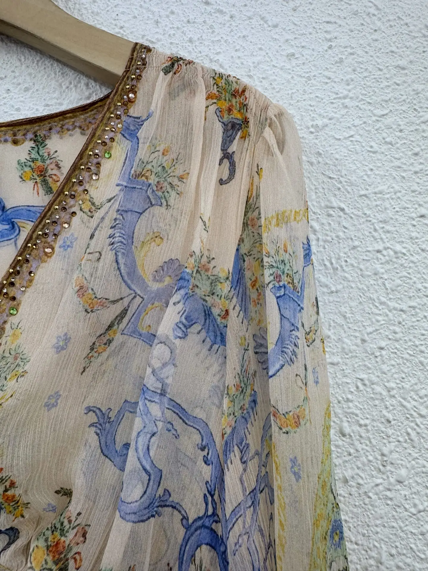 Abito lungo in chiffon con stampa paisley da donna al 100% in vera seta, manica lunga, scollo a V profondo, abito lungo Boho fluido