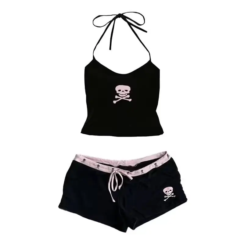 Y2k Summer Women Sexy Fashion Beach Skull Print Halter Top and Low Waist Shorts 2 Piece Set Suits 2000s Alt Outfits Clothes