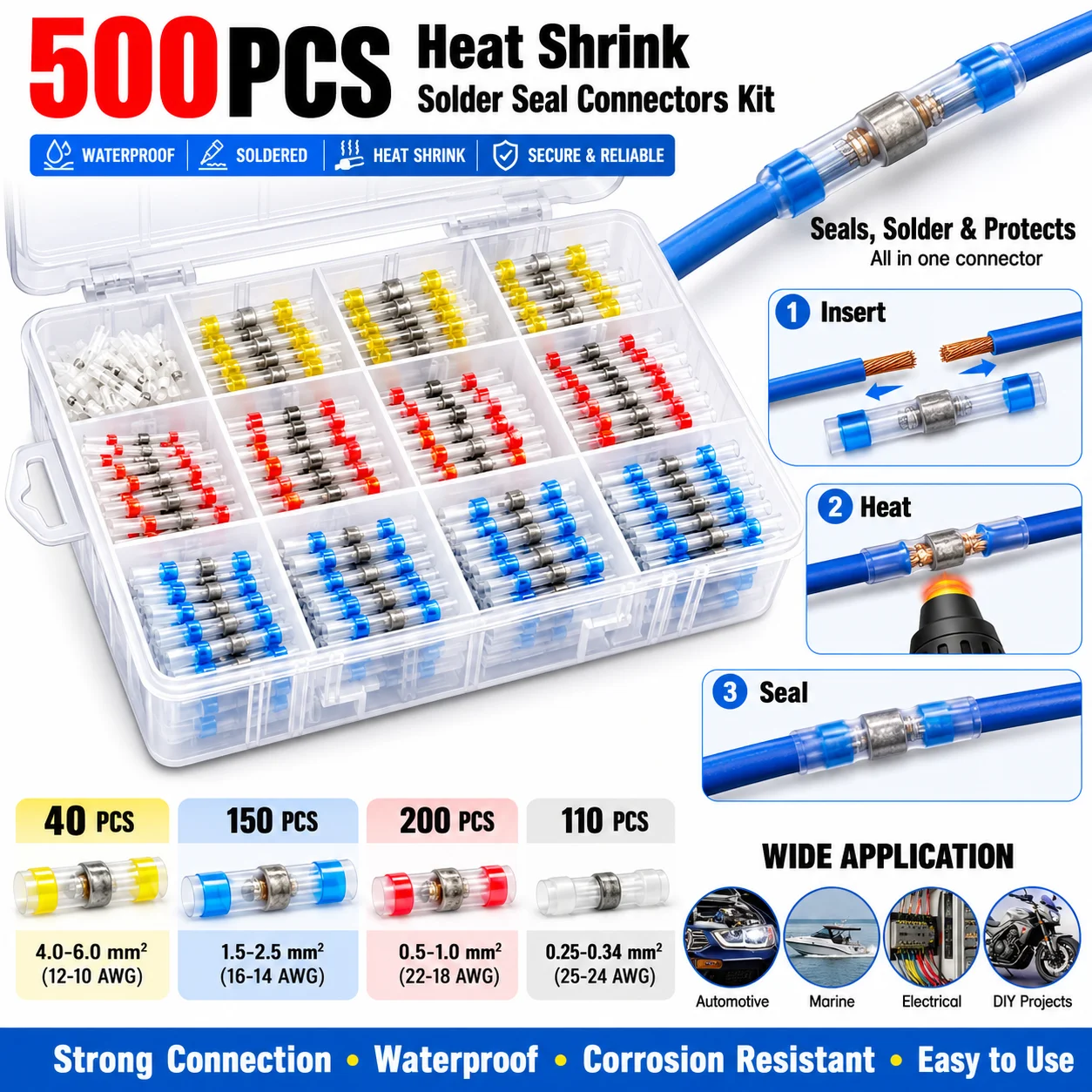 500PCS Heat Shrink Solder Seal Wire Connectors Kit, Waterproof Butt Splice Terminal Connectors with Heat Shrink Tubing for Automotive, Marine, Motorcycle, Electrical Wiring & DIY Repair