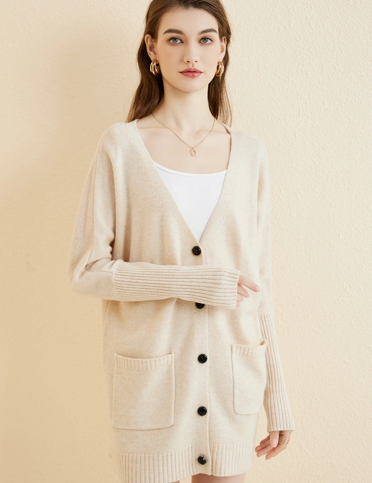 LONGMING Women's Cardigan Merino Wool Sweater with Pocket 2023 Fall Winter V-Neck Cardigan Long Sleeve with Buttons Sweater Coat