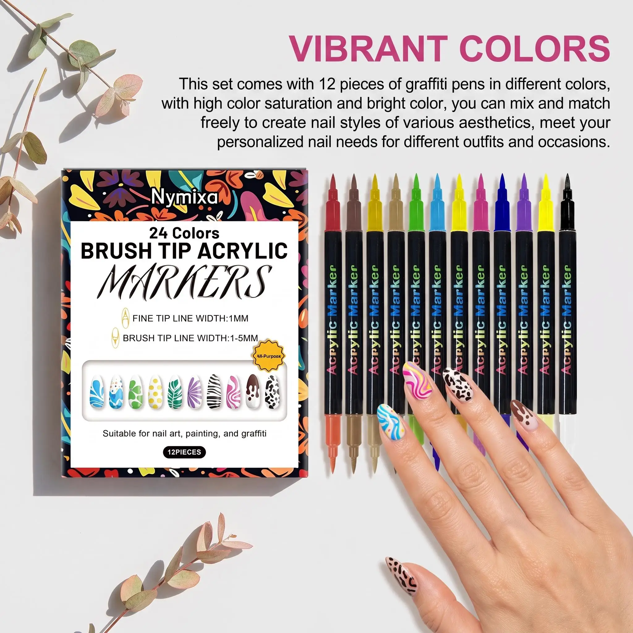 Nymixa Double-ended Nail Art Doodle Pen Set DIY Hand Painted Fast Drying Water Based Colorful Acrylic Marker Nail Manicure Tools Design
