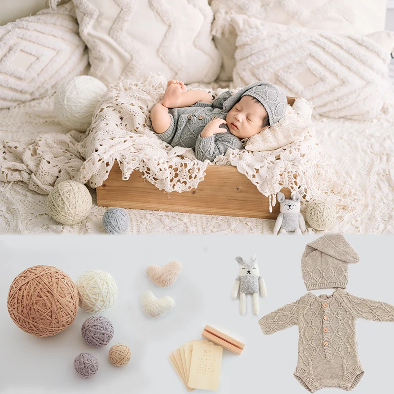 KD Newborn Photography Props Wool Knitted Baby Hat Jumpsuit Set INS Style Pillow Lace Background Blanket Handmade Love Prop